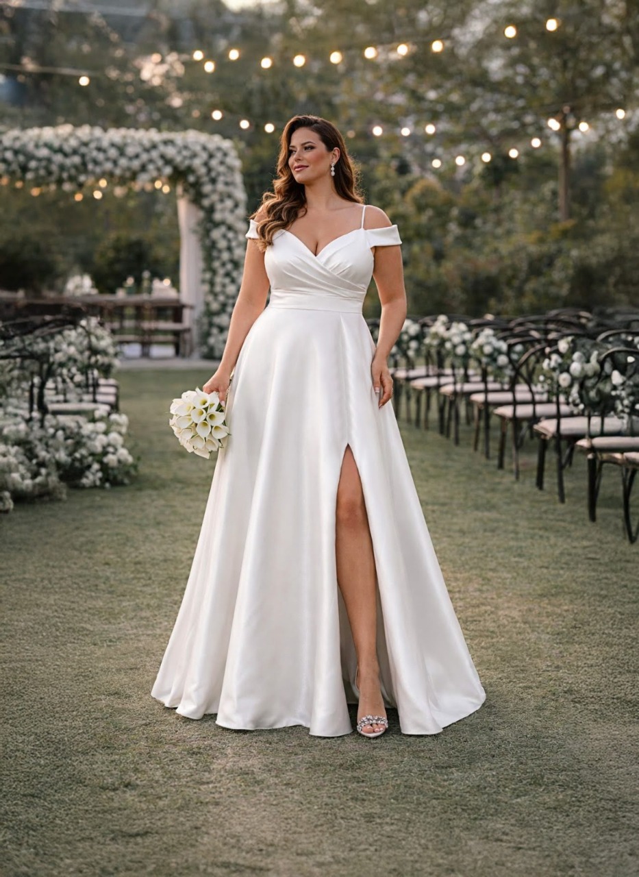 Noiva com vestido longo em jardim